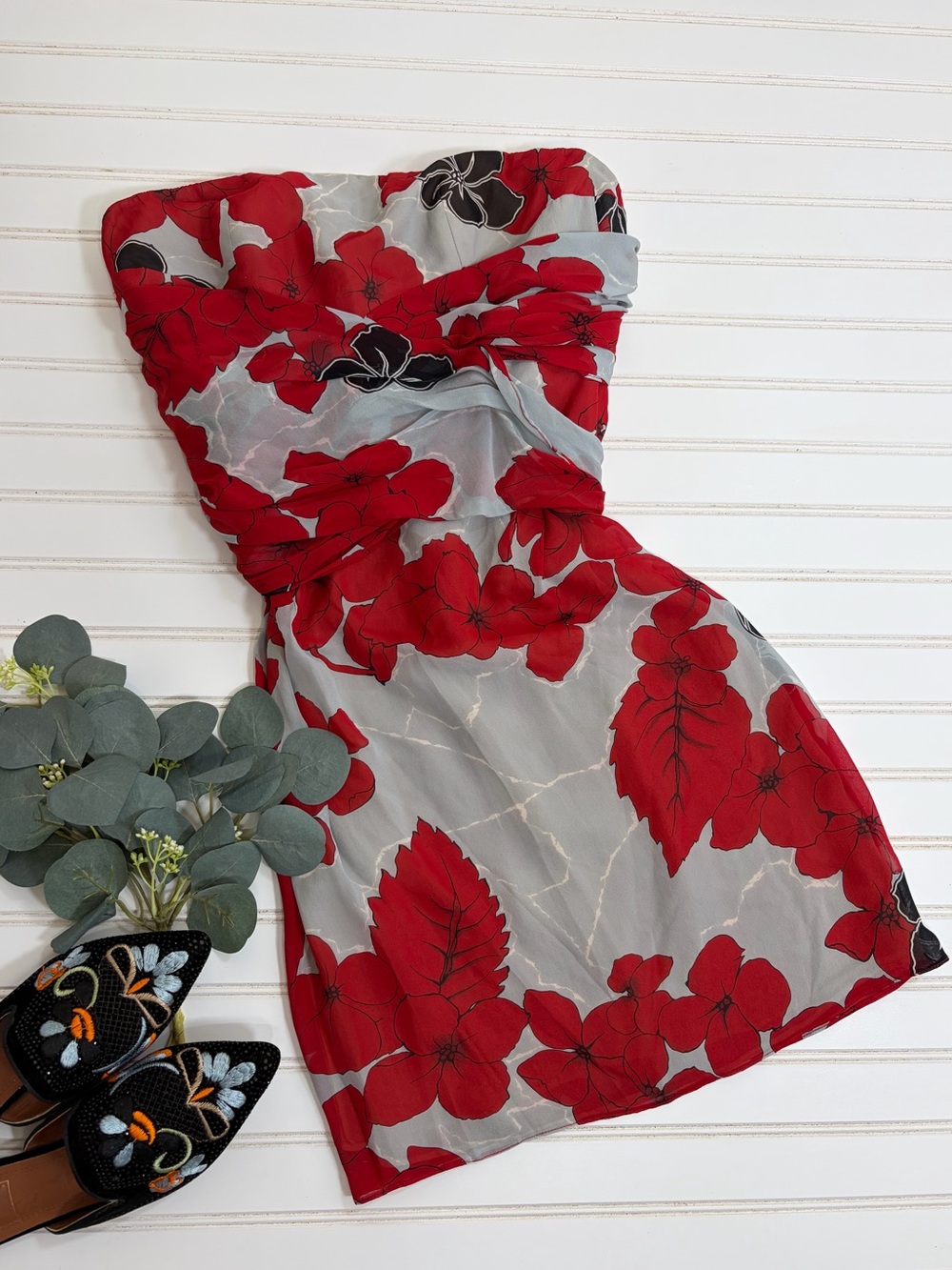 Vintage Carolina Herrera Floral Silk Strapless Mini Dress